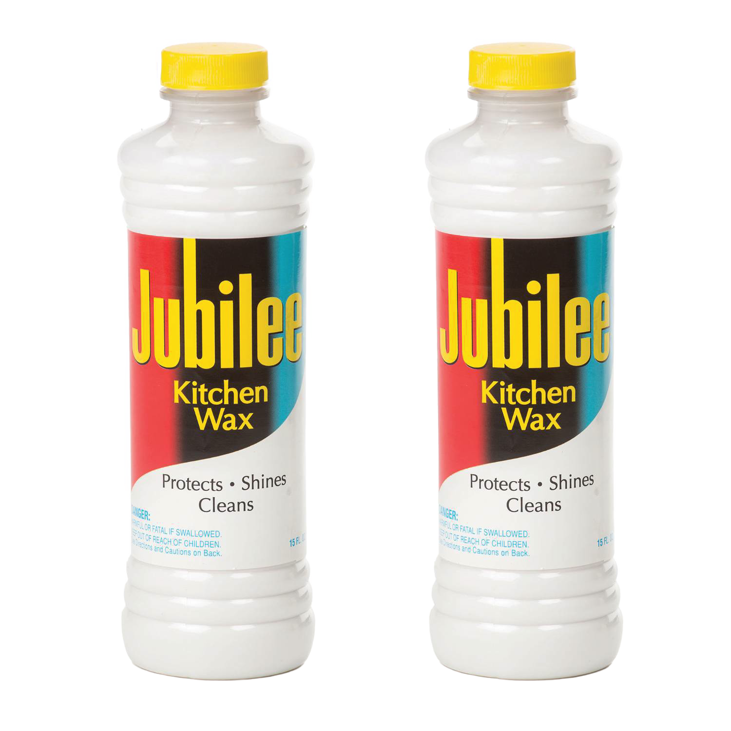 Two bottles of handcrafted Jubilee Kitchen Wax with yellow caps and vibrant retro labels in red, black, and blue, designed for cleaning, shining, and protecting surfaces, featured in Home & Decor, Household Cleaning, Cleaners and Polishes, USA Made, Best Sellers, and Promo Eligible collections.