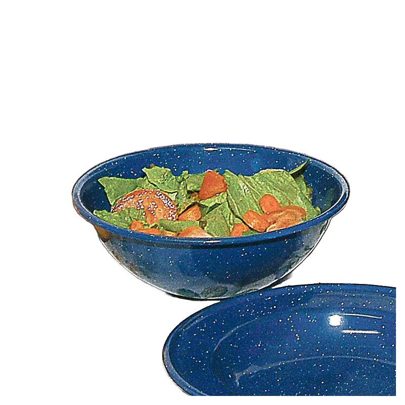 Royal blue enamelware bowl with white speckles, filled with fresh salad, ideal for Farm, Garden & Tool, Kitchen & Food, Camping, Dinnerware, Best Sellers, and Promo Eligible collections.