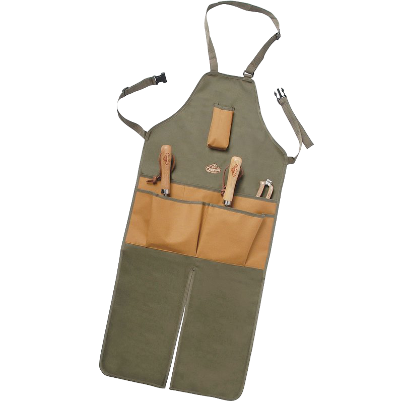 Heavy-duty rugged canvas apron with built-in leg covers and multiple pockets holding wooden-handled gardening tools, designed for durability in Farm, Garden & Tool and Garden Accessories collections.