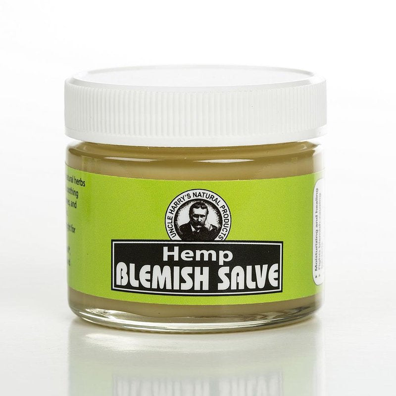 Clear glass jar of handcrafted hemp blemish salve with white screw lid and green label, part of Health & Wellness, Balms, Creams and Lotions, and USA Made collections.