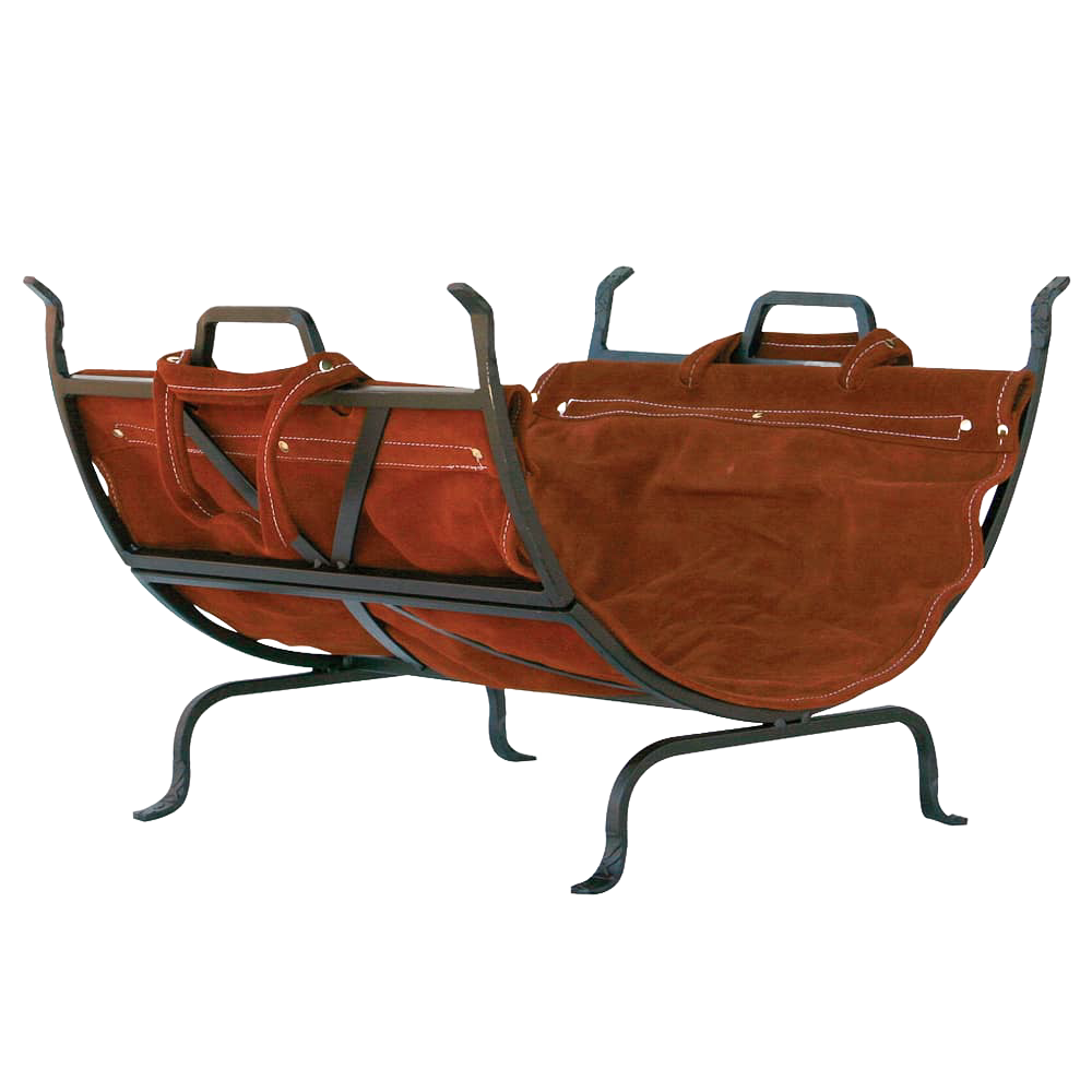 Heavy-steel iron log holder with suede leather carrier featuring sturdy handles and Olde World finish, designed for convenient firewood storage near stoves and fireplaces.