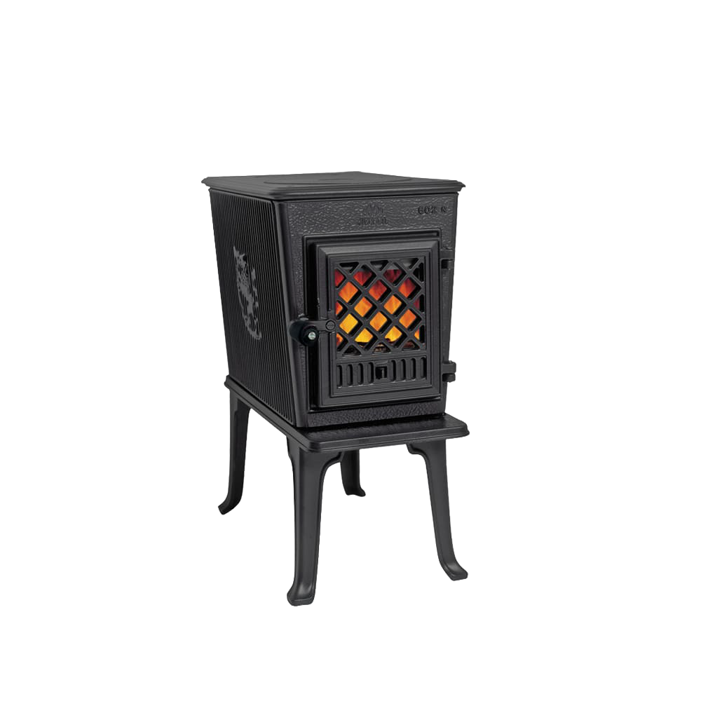 Compact black cast iron wood stove with lattice front window showing glowing fire inside, standing on curved legs, designed for effective heating in small spaces within Stoves and Heatstoves collections.