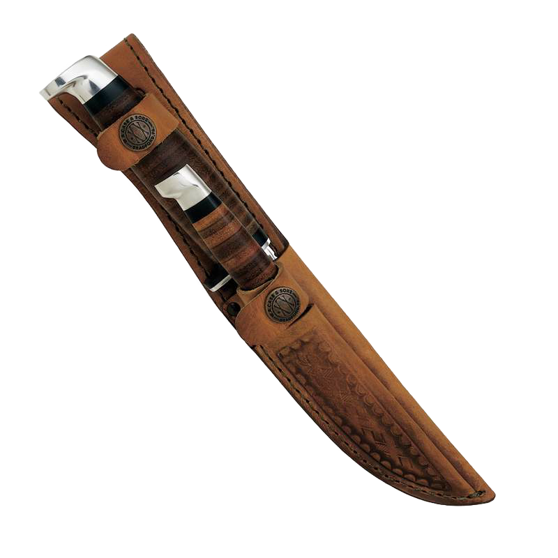 Leather sheath holding two fixed-blade knives with stacked-leather handles and surgical steel blades, handcrafted and made in USA, suitable for Farm, Garden & Tool collections.