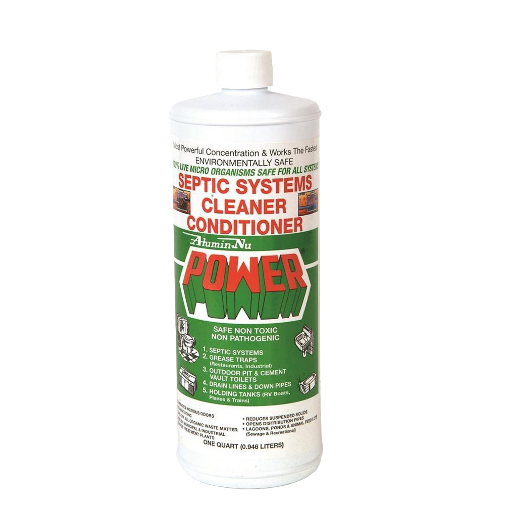 White plastic quart bottle of septic system cleaner and conditioner with environmentally safe, non-toxic, non-pathogenic formula, featured in Home & Decor, Household Cleaning, Cleaners and Polishes, Best Sellers, and Promo Eligible collections.