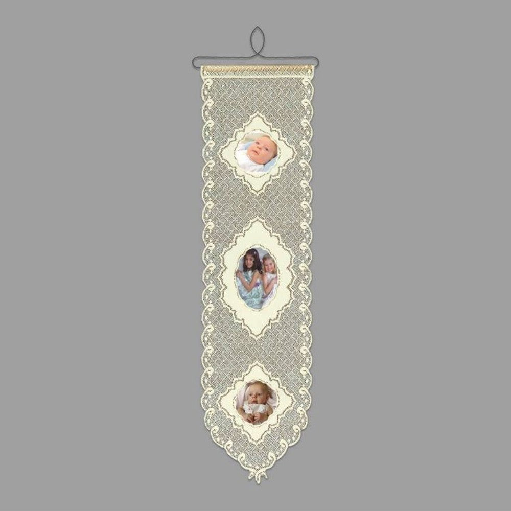 Cream polyester lace wall banner with vintage-style scalloped edges and three photo openings, suspended by a wood and wire hanger, handcrafted in the USA, ideal for Home & Decor collections.