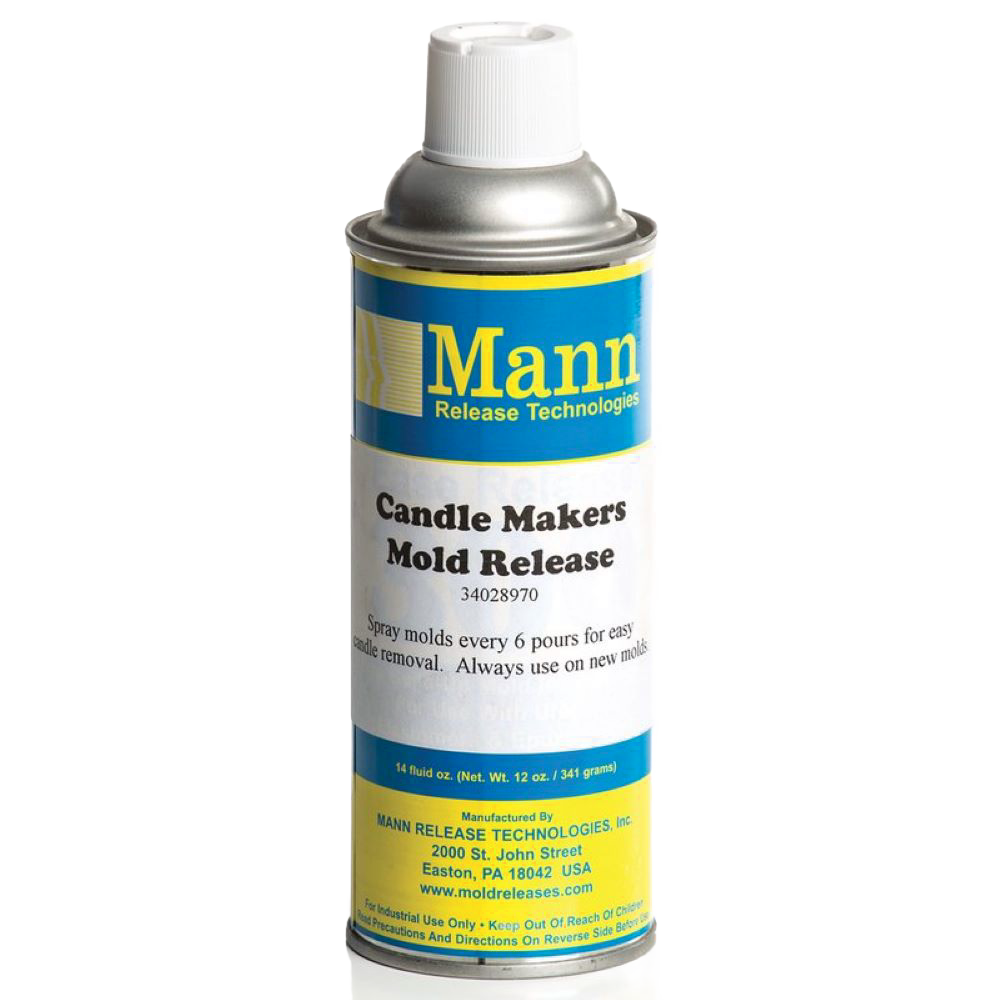 A spray can of mold release agent designed for candle makers, with clear labeling and USA-made quality, used to ease candle removal from various mold materials.