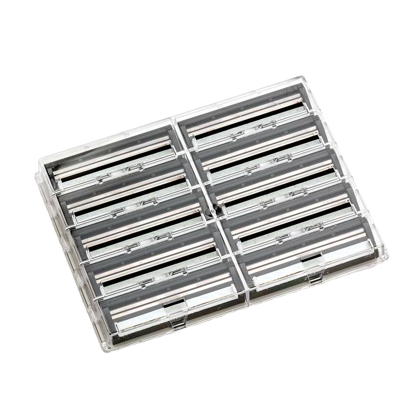 Clear plastic case containing ten double track lubricating strips replacement blades for safety razors, USA made, featured in Health & Wellness, Grooming and Personal Hygiene, USA Made, Best Sellers, and Promo Eligible collections.