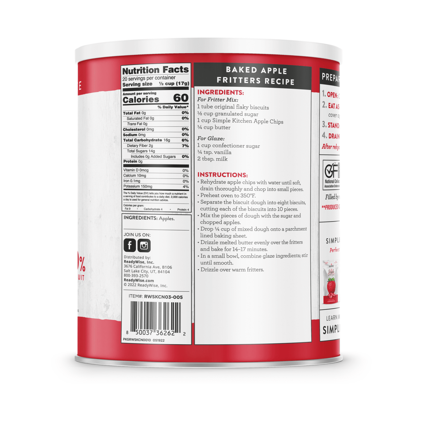 Side view of a ReadyWise dehydrated apple chips can featuring nutrition facts, ingredient list, and a baked apple fritters recipe, highlighting a USA made product in emergency supplies and snacks collections.