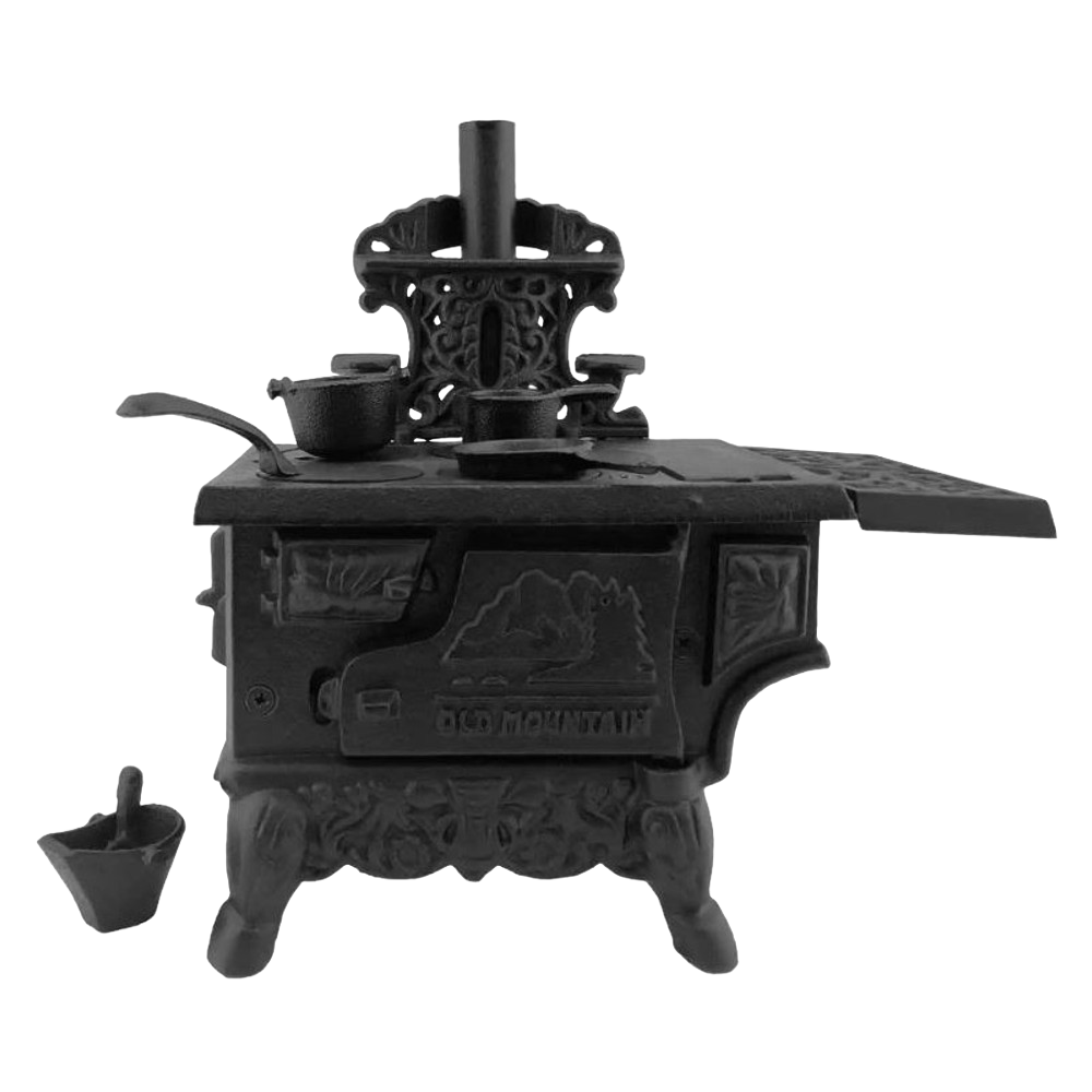 Handcrafted miniature cast iron cook stove with detailed removable pots, skillet, working oven doors, and coal hod, designed for Toys, Indoor Play, Children's Toys, and Best Sellers collections.