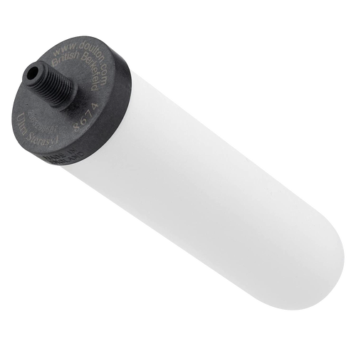 White ceramic water filter element with black threaded end, crafted for gravity water filter systems, featured in Farm, Garden & Tool, Emergency Supplies, and Best Sellers collections.