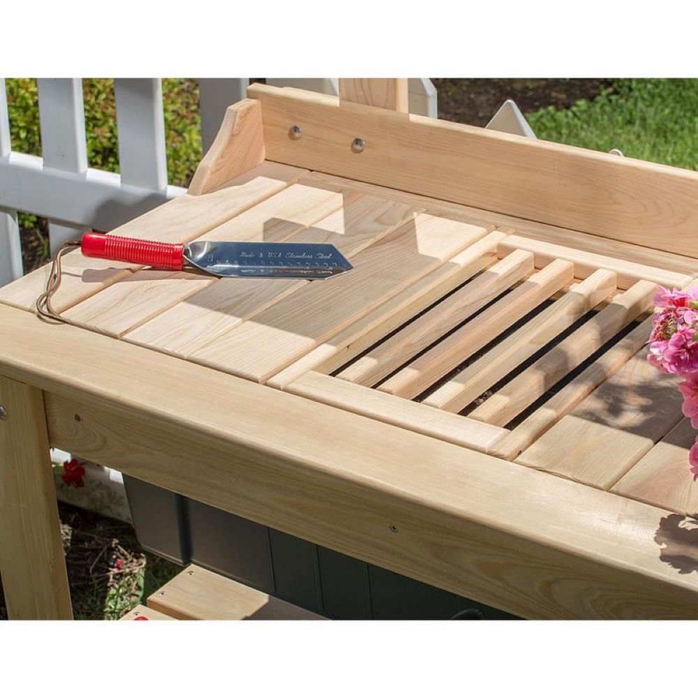 Handcrafted Amish-made outdoor potting table built from smooth unfinished cypress wood with slatted design, featuring a rust-proof gardening trowel, part of Farm, Garden & Tool and USA Made collections.