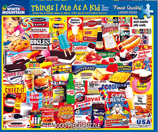 Vibrant 1000-piece jigsaw puzzle featuring nostalgic childhood snacks and treats collage, handcrafted and made in USA, ideal for Toys, Books & Games, Puzzles, and Best Sellers collections.