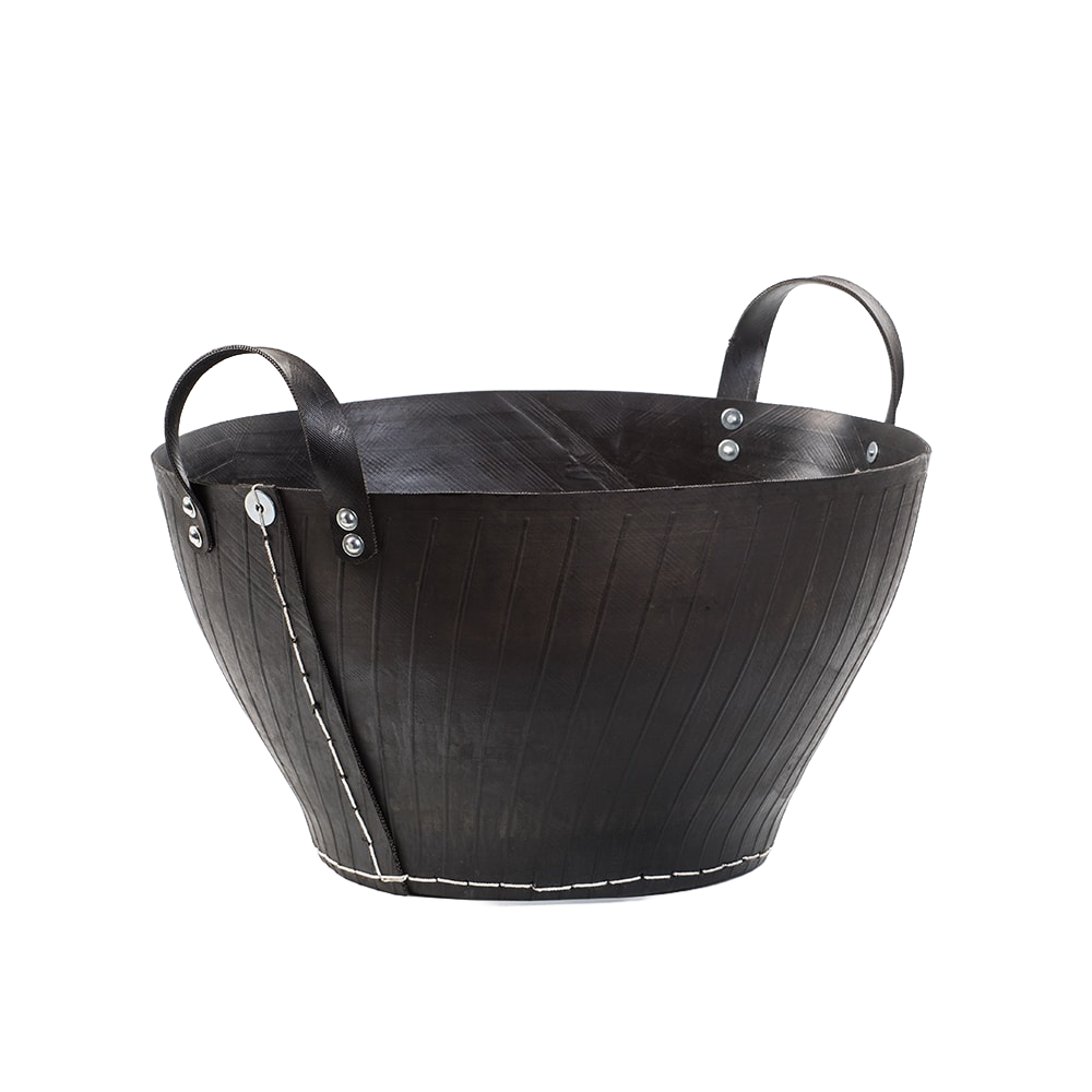 Handcrafted heavy-duty firewood basket made from recycled rubber with reinforced metal rivet handles, perfect for Farm, Garden & Tool and Wood Cutting and Hauling collections.