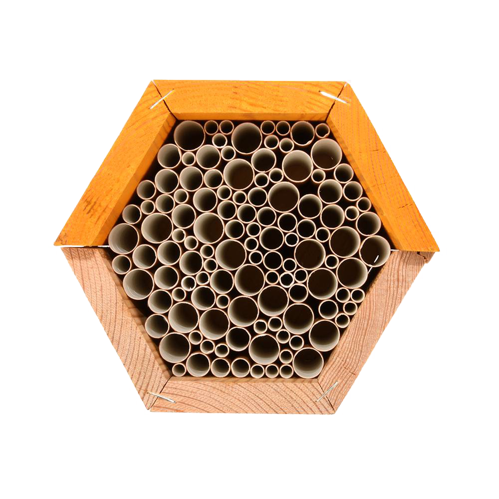 Handcrafted hexagonal bee house made from natural pine wood with bundled paper straws, designed to provide shelter for beneficial bees, featured in Farm, Garden & Tool, Garden Accessories, Best Sellers, and Promo Eligible collections.