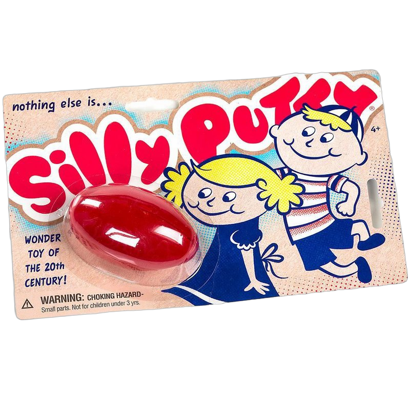 Vintage-style packaging of Silly Putty featuring cartoon children and a red putty egg, handcrafted and made in the USA, ideal for indoor play and children's toys collections.