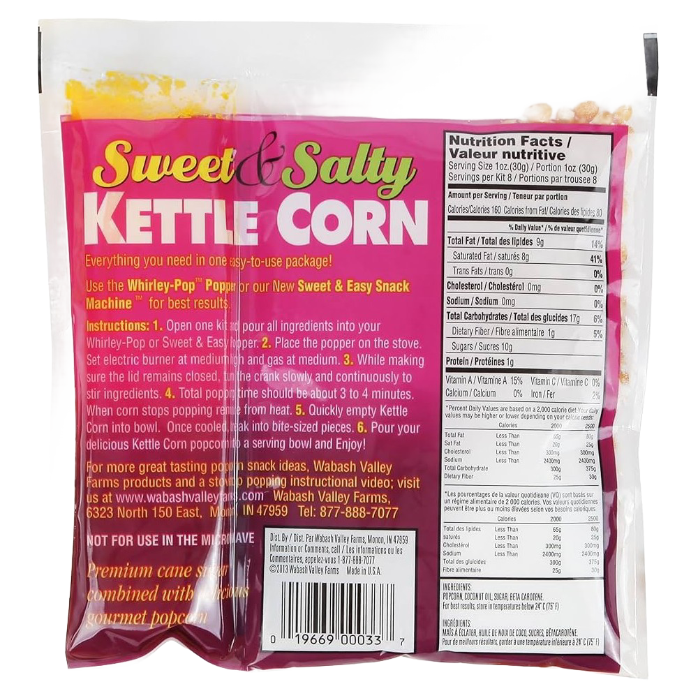 Package of kettle corn popping kit with sweet and salty seasoning, displaying detailed nutrition facts and preparation instructions, ideal for Kitchen & Food, Popcorn, Best Sellers, and Promo Eligible collections.