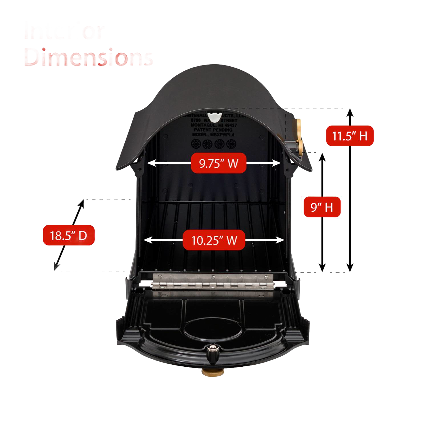Open black and gold handcrafted mailbox showing interior dimensions with red labels, highlighting its craftsmanship and USA-made quality for Home & Decor and Mailboxes collections.