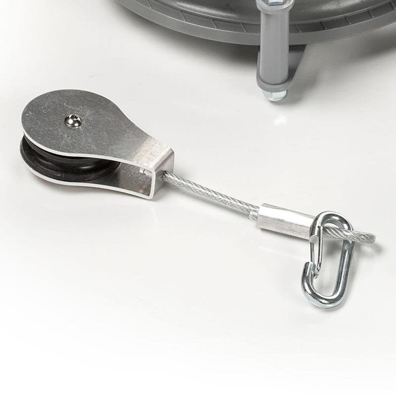 Metal pulley spacer with steel cable and clip, handcrafted in USA, designed to maintain proper clothesline spacing; ideal for laundry and drying accessories collections.