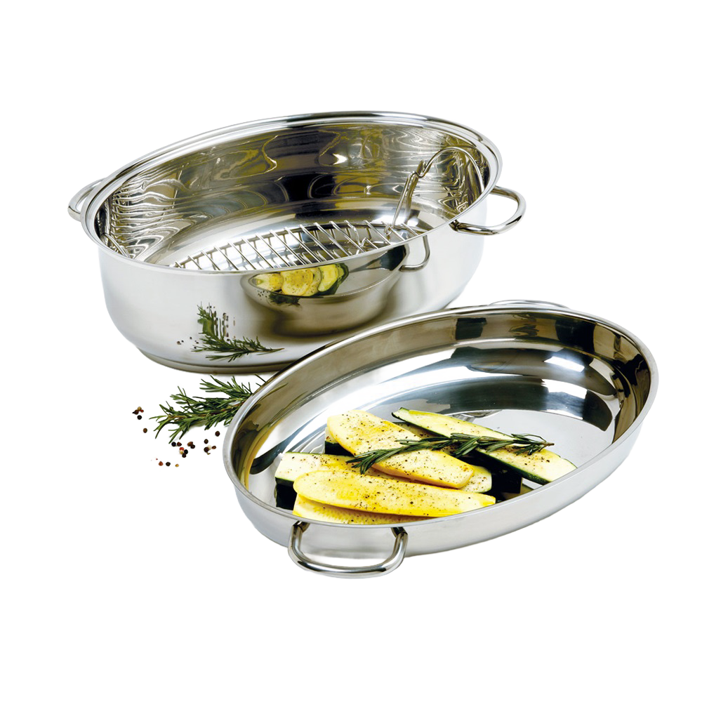 Shiny stainless steel roaster pan with rack and separate lid used as a serving tray, featuring seasoned roasted vegetables; ideal for Kitchen & Food, Cookware, Pots and Pans, Best Sellers collections.