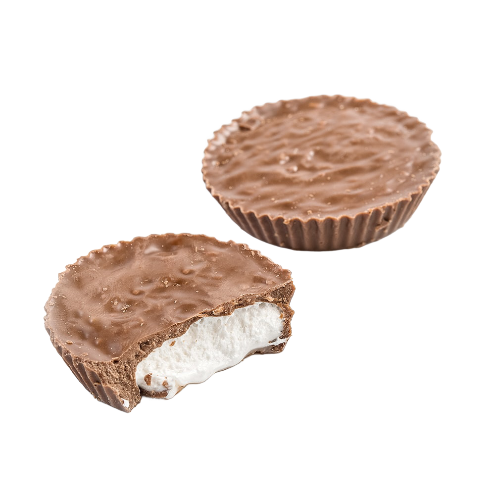 Two creamy milk chocolate cups, one whole and one bitten to reveal whipped marshmallow filling, gluten-free and made in USA, featured in Kitchen & Food, Candy, USA Made, Best Sellers, and Promo Eligible collections.