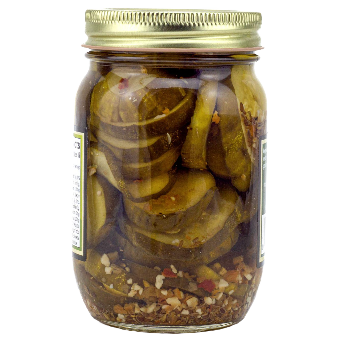 Clear glass jar filled with sliced pickles blended with hot habanero peppers and spices, sealed with a gold lid, handcrafted and made in USA, ideal for kitchen pantry collections.