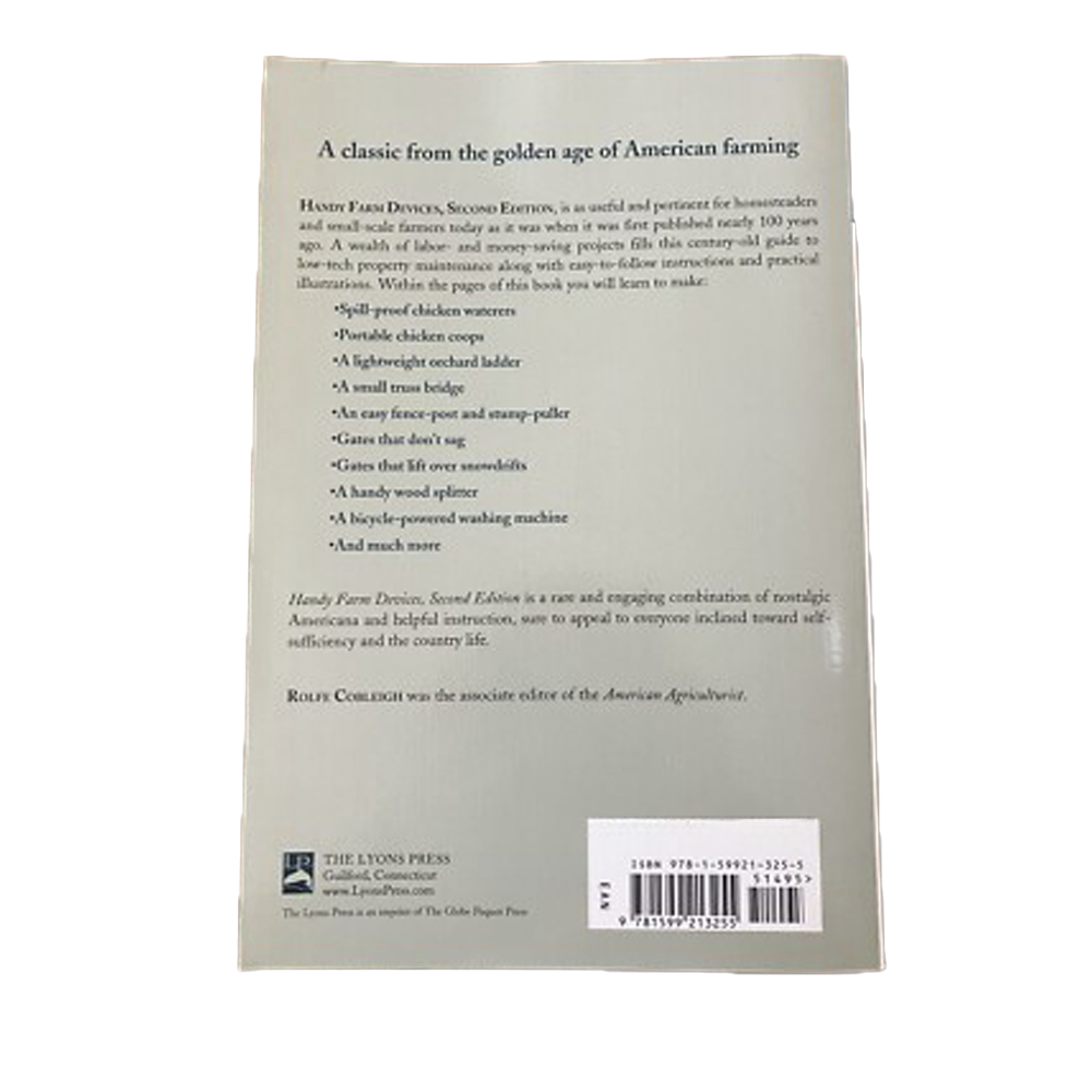 Back cover of a handcrafted farm devices book featuring a nostalgic description of practical projects for self-sufficient farmers, included in Toys, Books & Games and Home and Garden How-To Books collections.