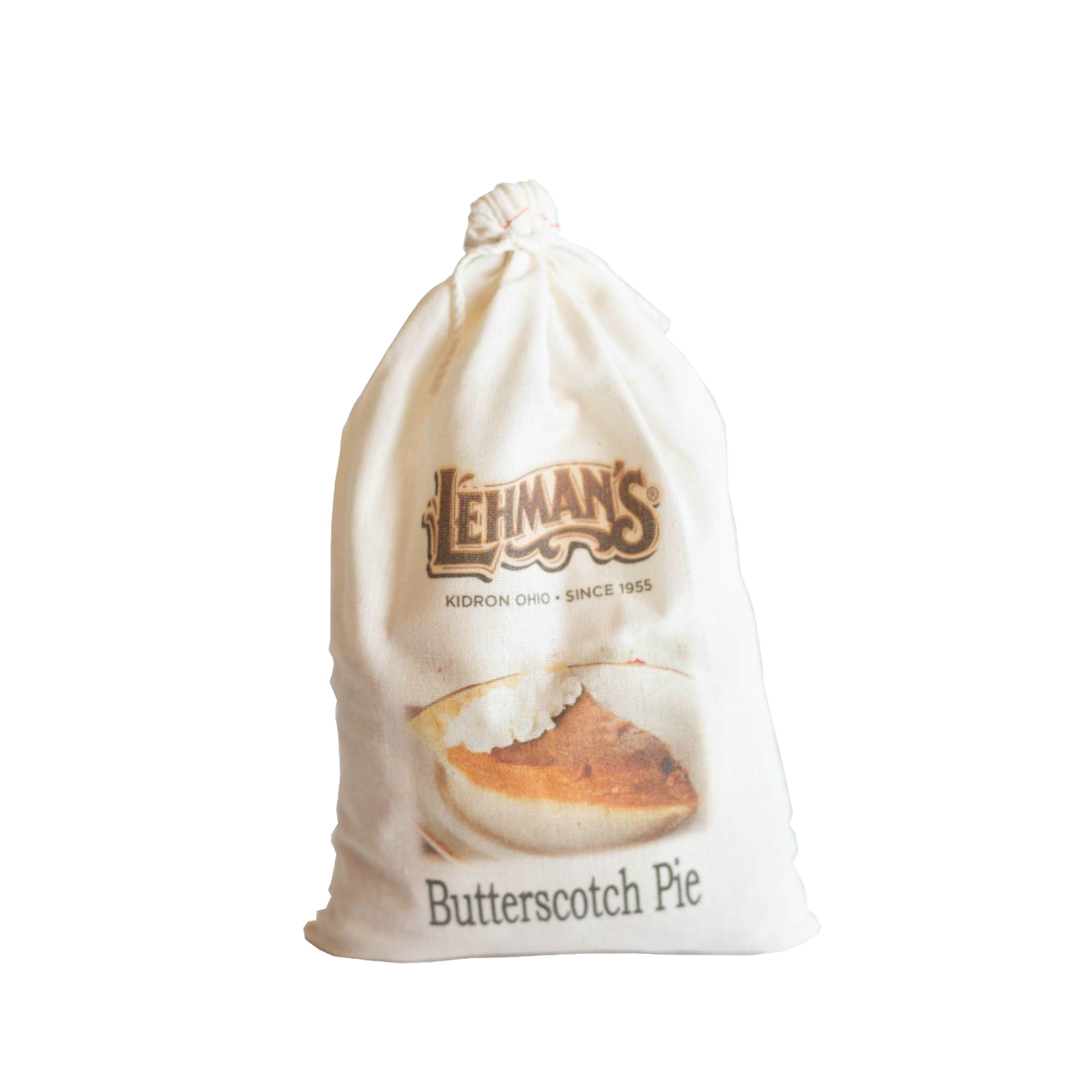 Soft cloth drawstring bag featuring handcrafted Lehman’s butterscotch pie filling mix with image of pie slice, ideal for Kitchen & Food, Snacks and Sweets, and Dry Goods collections.