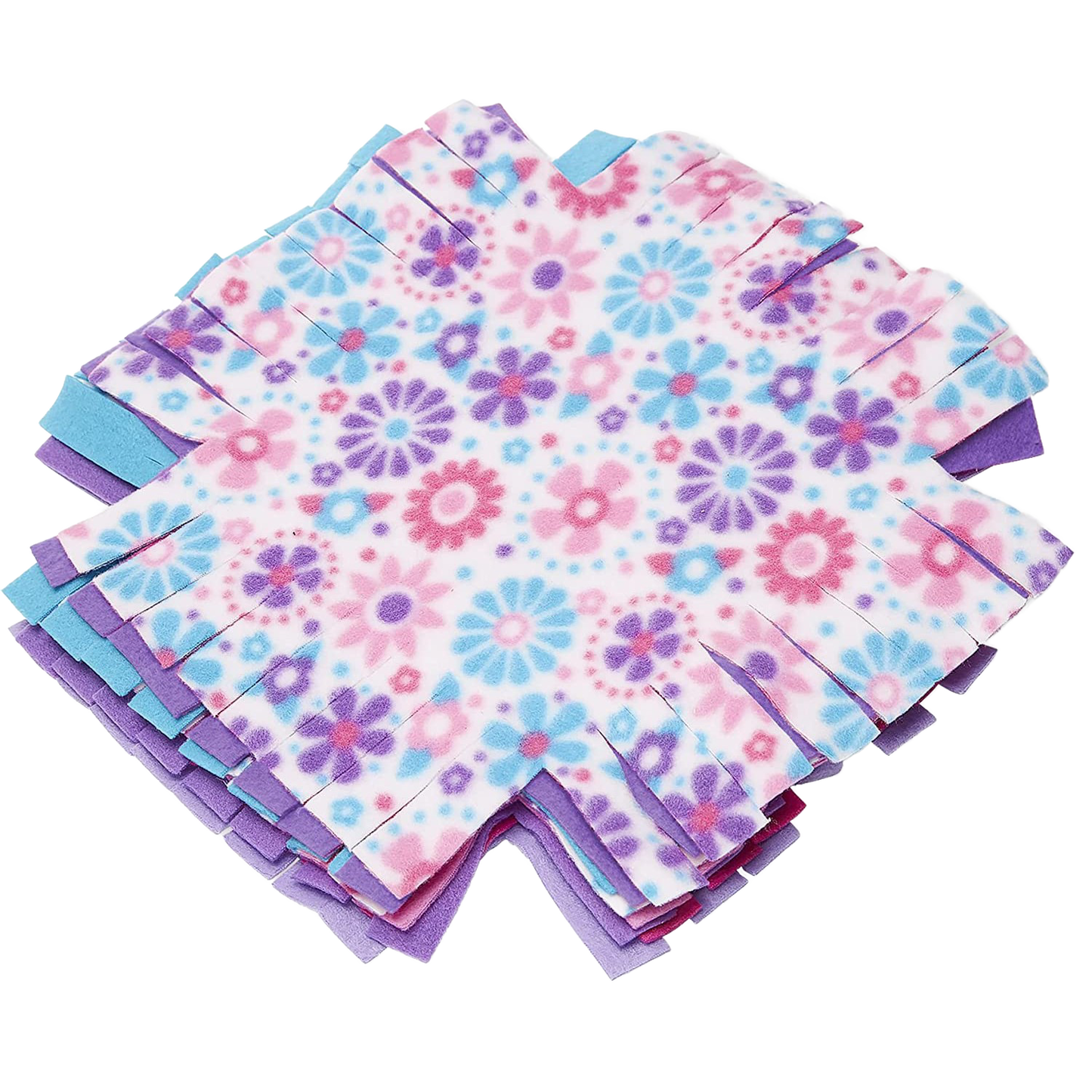 Stack of colorful fleece squares in pastel blue, purple, and floral patterns with fringe edges, handcrafted for creative children’s arts and crafts and best sellers collections.