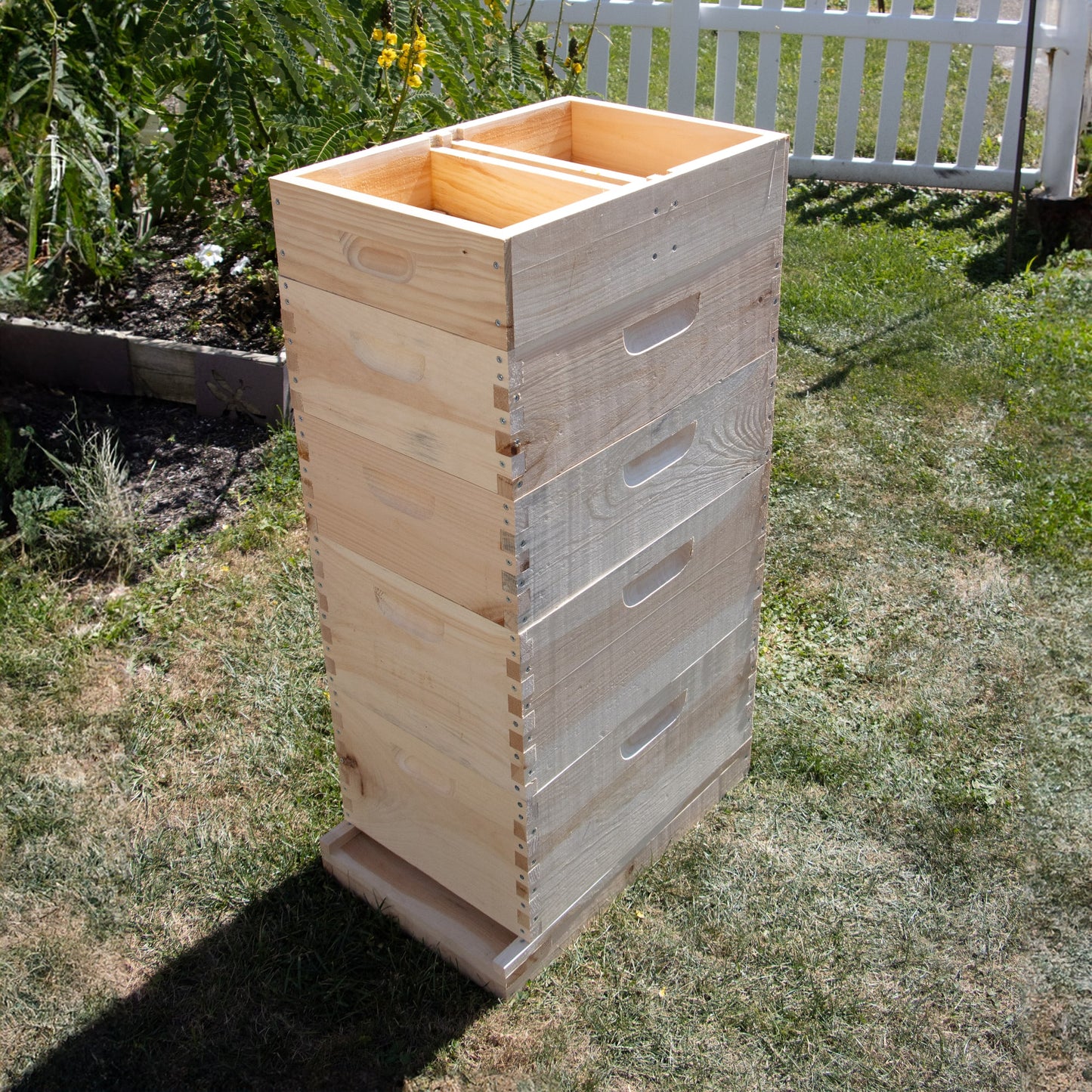 Handcrafted Amish-made wooden feeder designed for 8-frame beehives, featuring two compartments with wooden floats, part of Farm, Garden & Tool and Beekeeping Supplies collections.
