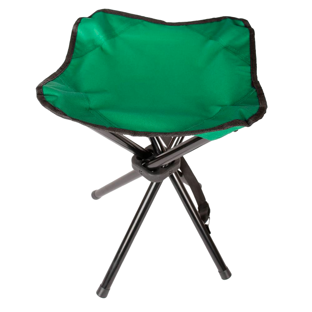 Compact green fabric camping stool with sturdy black metal tripod legs, designed for easy folding and transport, ideal for Farm, Garden & Tool, Camping, Best Sellers, Promo Eligible, and Sale collections.