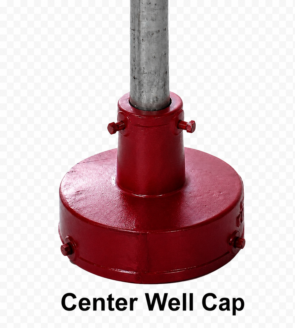 Red cast iron center well cap with metal pipe fitting, handcrafted in USA, designed for use with deep well pumps, featured in Appliances, USA Made, Water Pumps, and Deep Well Pumps collections.