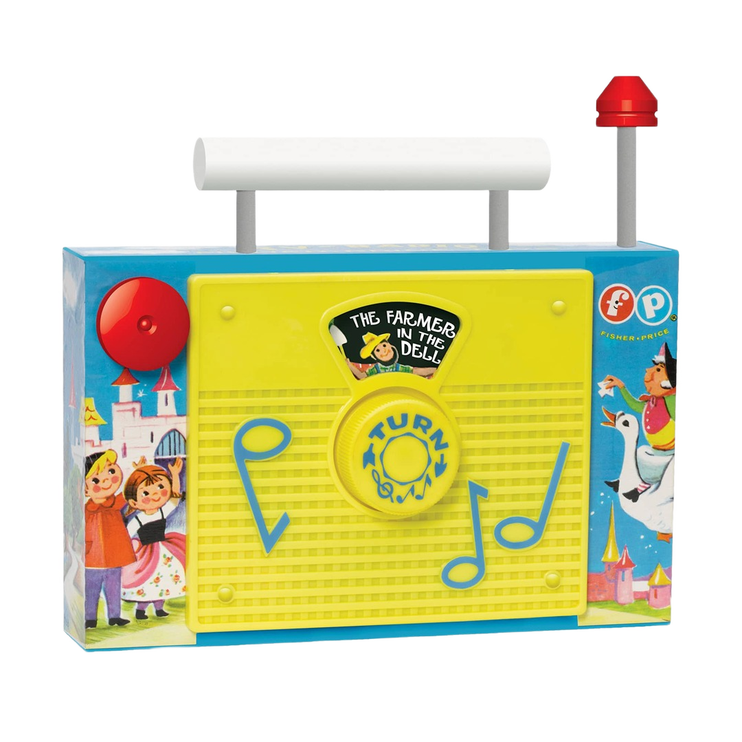 Vintage-style children’s toy radio with durable plastic body, bright yellow front featuring musical notes, and colorful illustrated sides, ideal for indoor play and best sellers collections.