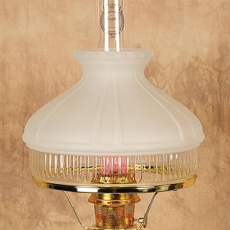 Handcrafted frosted white glass oil lamp shade with ribbed textured band and brass fittings, featured in Lamps & Lighting, Parts and Accessories, Lamp Shades, and Best Sellers collections.