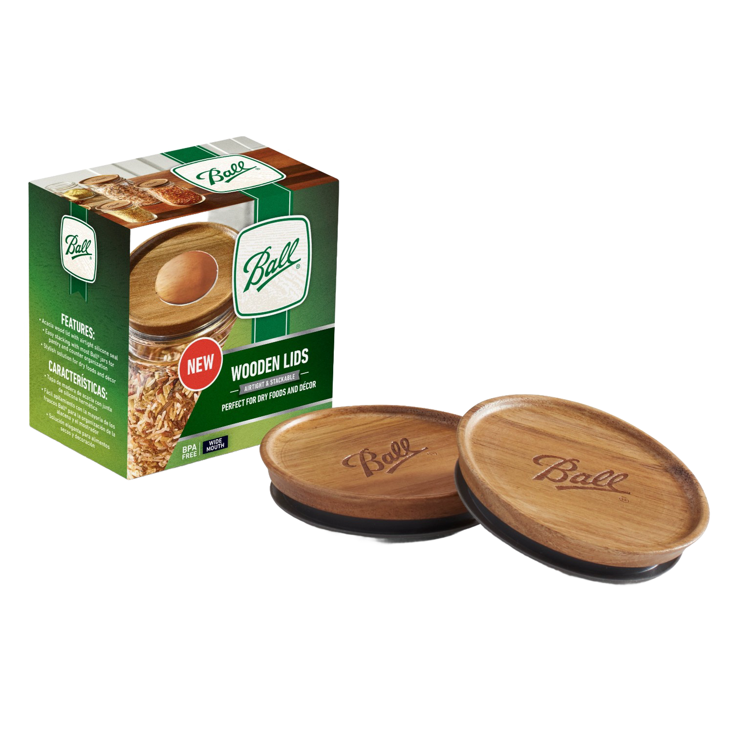 Set of two handcrafted acacia wood airtight lids engraved with Ball logo, designed for wide mouth jars, ideal for dry pantry storage and stylish organization in Kitchen & Food and Storage collections.