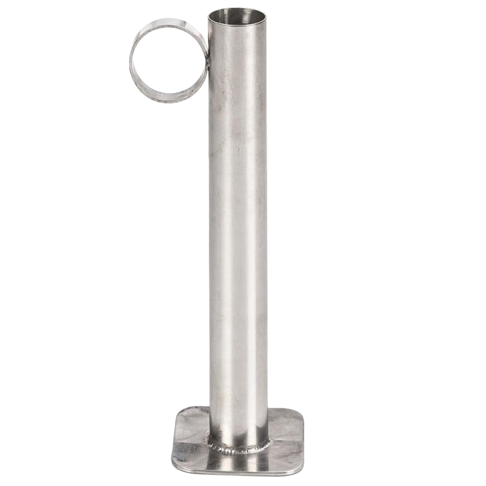 Tall stainless steel hydrometer test cup with cylindrical body, flat square base, and circular side handle, designed for maple syrup density testing in orchard and farm use.