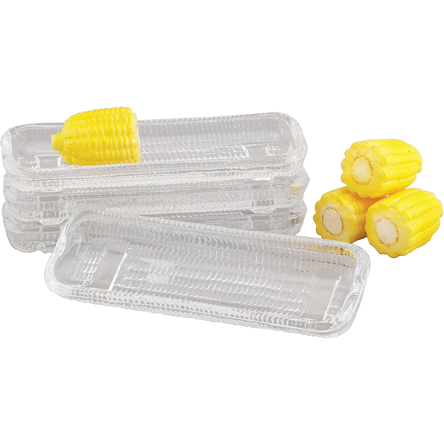 Set of four clear glass dishes with curved design to hold ears of corn securely while capturing melted butter, handcrafted and featured in Kitchen & Food, Storage and Serving, Best Sellers, and Promo Eligible collections.
