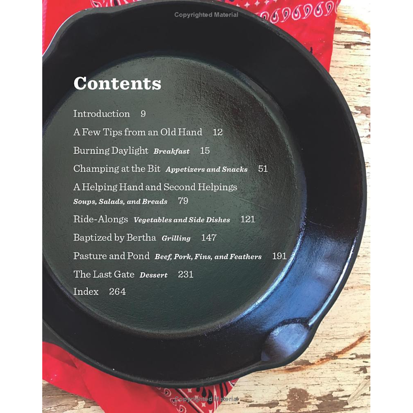 Contents page of a cookbook displayed inside a black iron skillet on a rustic wooden surface with a red bandana, featured in Toys, Books & Games, Cookbooks, and Best Sellers collections.