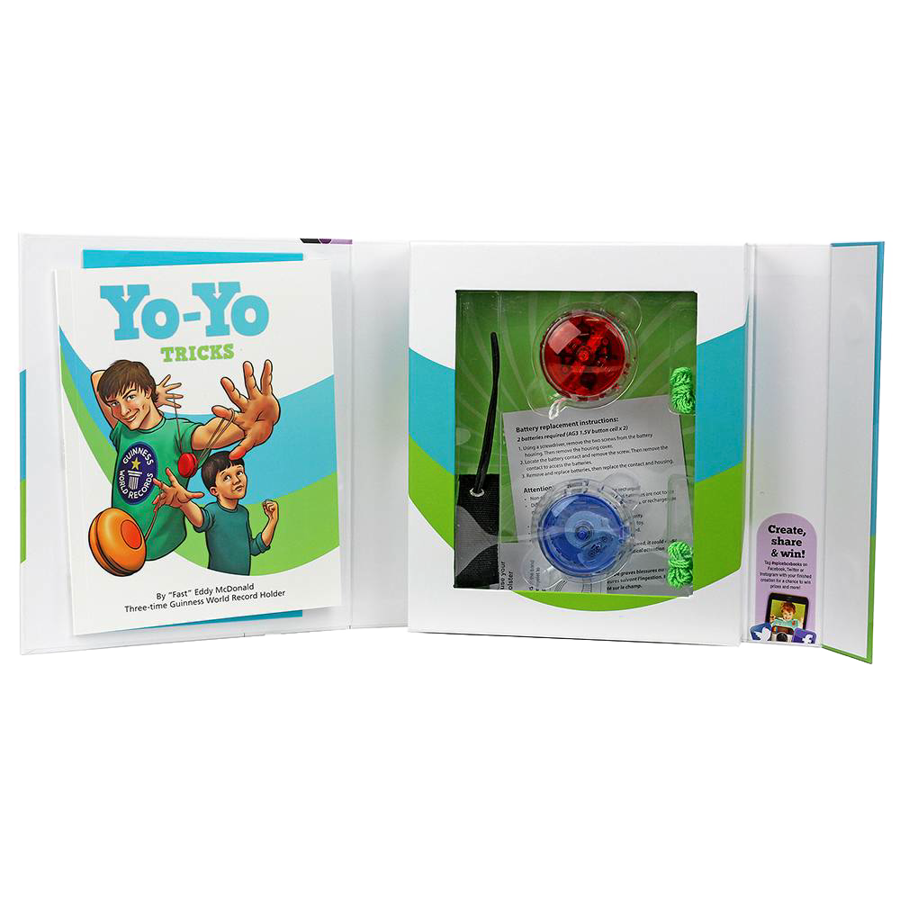 Open instructional yo-yo trick kit featuring colorful red and blue yo-yos with LED lights, a 56-page beginner's guidebook, and display packaging from the Toys, Books & Games collection.