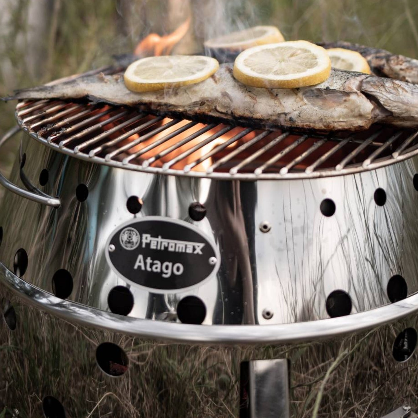 Stainless steel grilling grate with 13.4-inch diameter, handcrafted for outdoor cooking over a Petromax Atago grill, ideal for camping, backyard grilling, and Farm, Garden & Tool collections.