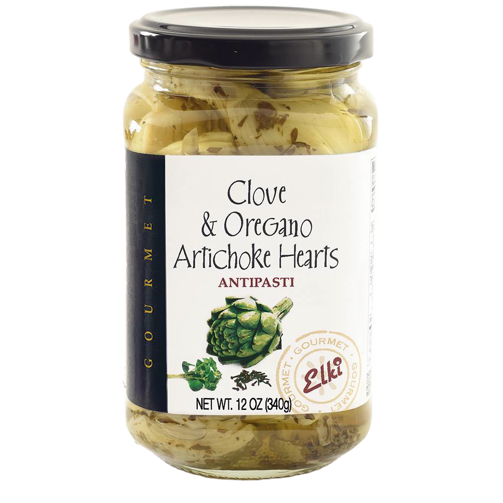 Clear glass jar of marinated artichoke hearts infused with clove and oregano, featuring a black lid and label with gourmet design, ideal for Kitchen & Food and Pantry collections.