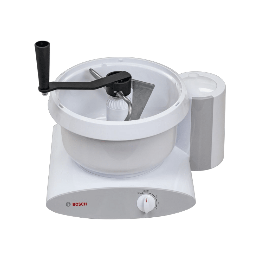 Hand crank attachment with black handle mounted on a white Bosch Universal Plus mixer bowl, designed for manual dough kneading in kitchen and baking supplies collections.