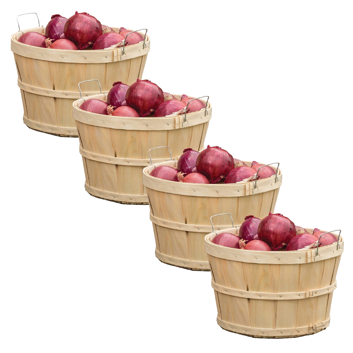 Four handcrafted raw poplar wood half bushel baskets with metal wire handles, each filled with fresh red onions; perfect for Farm, Garden & Tool, Garden Accessories, USA Made, Best Sellers collections.