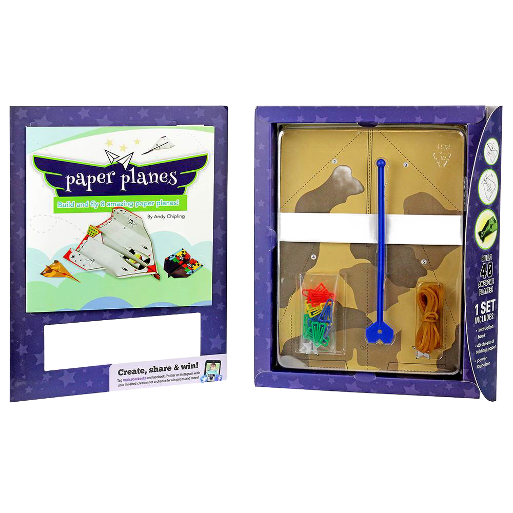 Let's Make Paper Planes Kit displayed in open box packaging featuring cardboard plane components, a blue plastic launcher, colorful clips, and rubber bands, part of toys and arts collections.