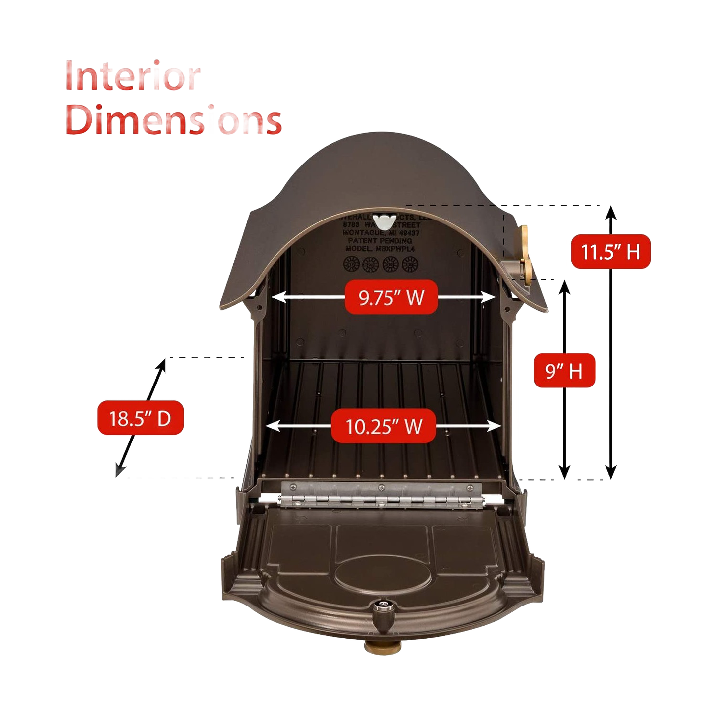 Handcrafted bronze and gold mailbox interior showing detailed dimensions, highlighting width, height, and depth, part of USA Made Home & Decor and Mailboxes and Address Signs collections.