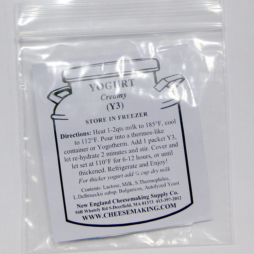 Clear resealable plastic bag containing a printed label with instructions for creamy yogurt starter culture, featured in Specialty Equipment and DIY Cheese and Yogurt collections.