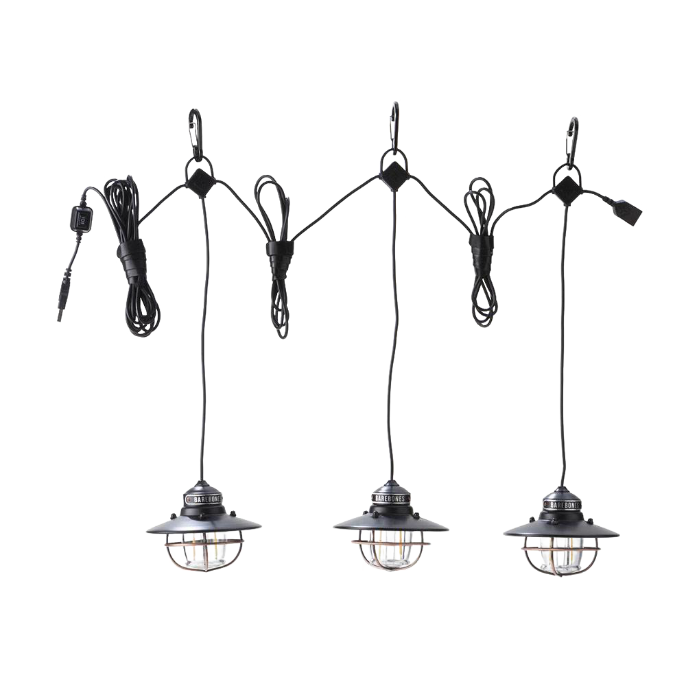 Three USB-powered Edison-style LED pendant lights with water- and rust-resistant black powder-coated steel shades and protective metal cages, featuring carabiner hooks for easy hanging in outdoor garden and lighting settings.