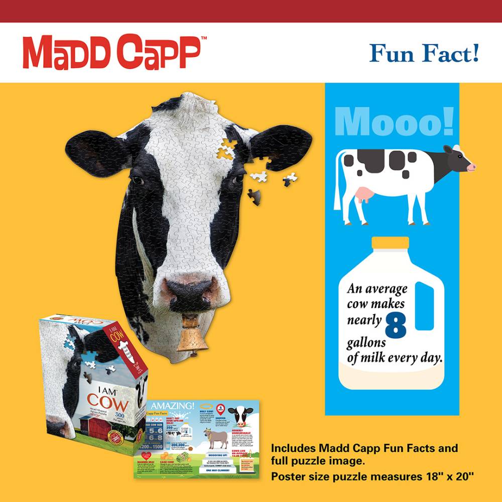 Cow head-shaped 300-piece jigsaw puzzle with a close-up black and white cow image, including fun fact poster and educational content, ideal for children’s games and puzzles collections.
