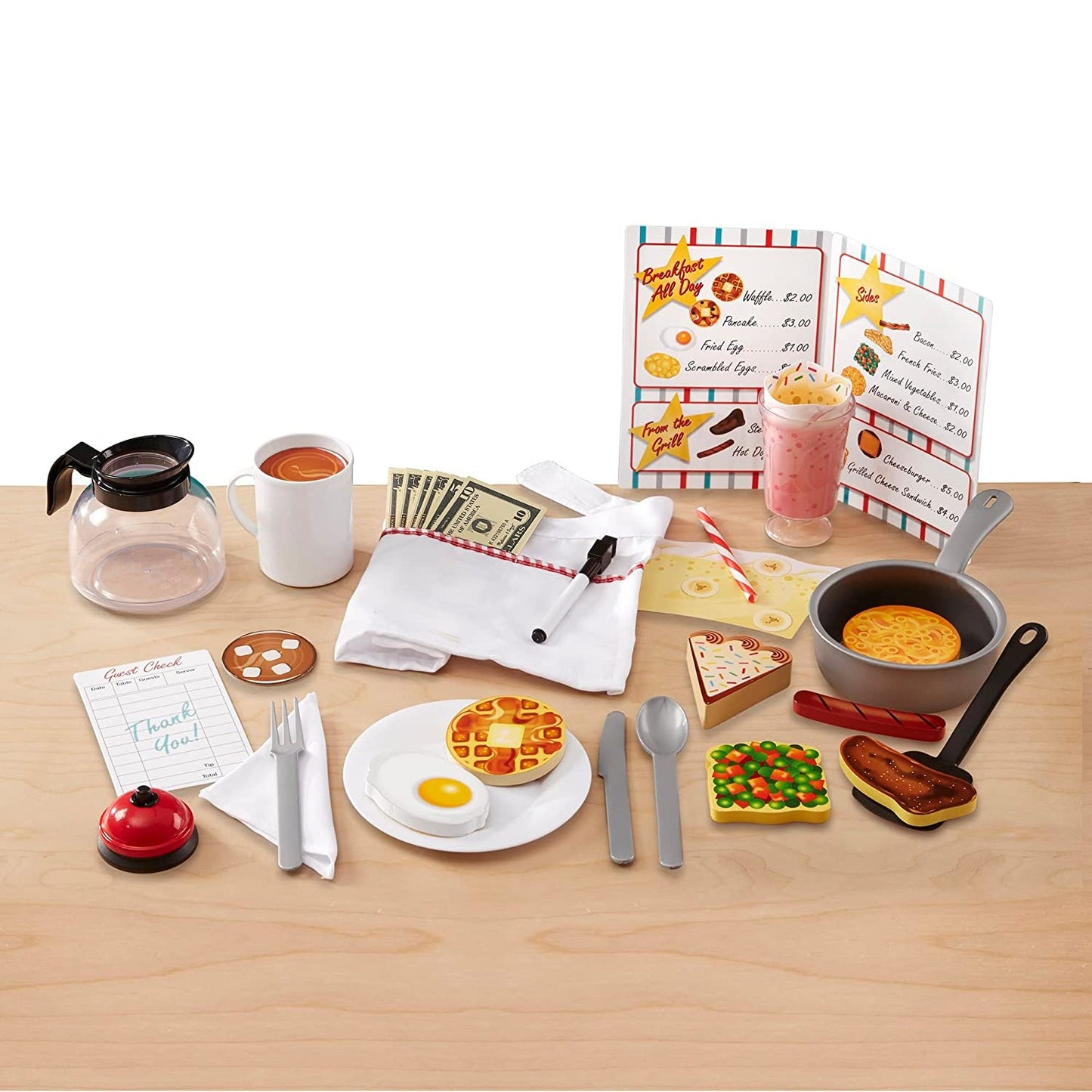 Handcrafted wooden indoor playset including double-sided food pieces like egg, waffle, and steak, play money, working bell, menu, and milkshake, ideal for children's toys and best sellers collections.