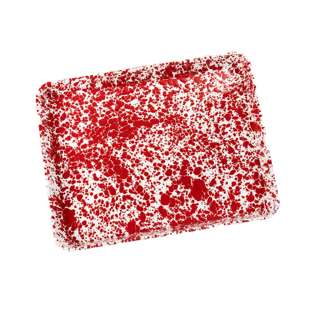 Red and white speckled enamel pan designed for baking rolls, roasting vegetables, or serving, featuring durable porcelain finish and suitable for kitchen, cookware, and baking supplies collections.