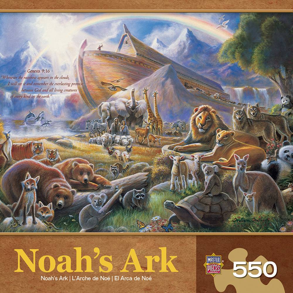 Illustration of Noah's Ark with a rainbow overhead and a variety of animals gathered around, accompanied by a biblical quote, featured in Toys, Books & Games and Puzzles collections.